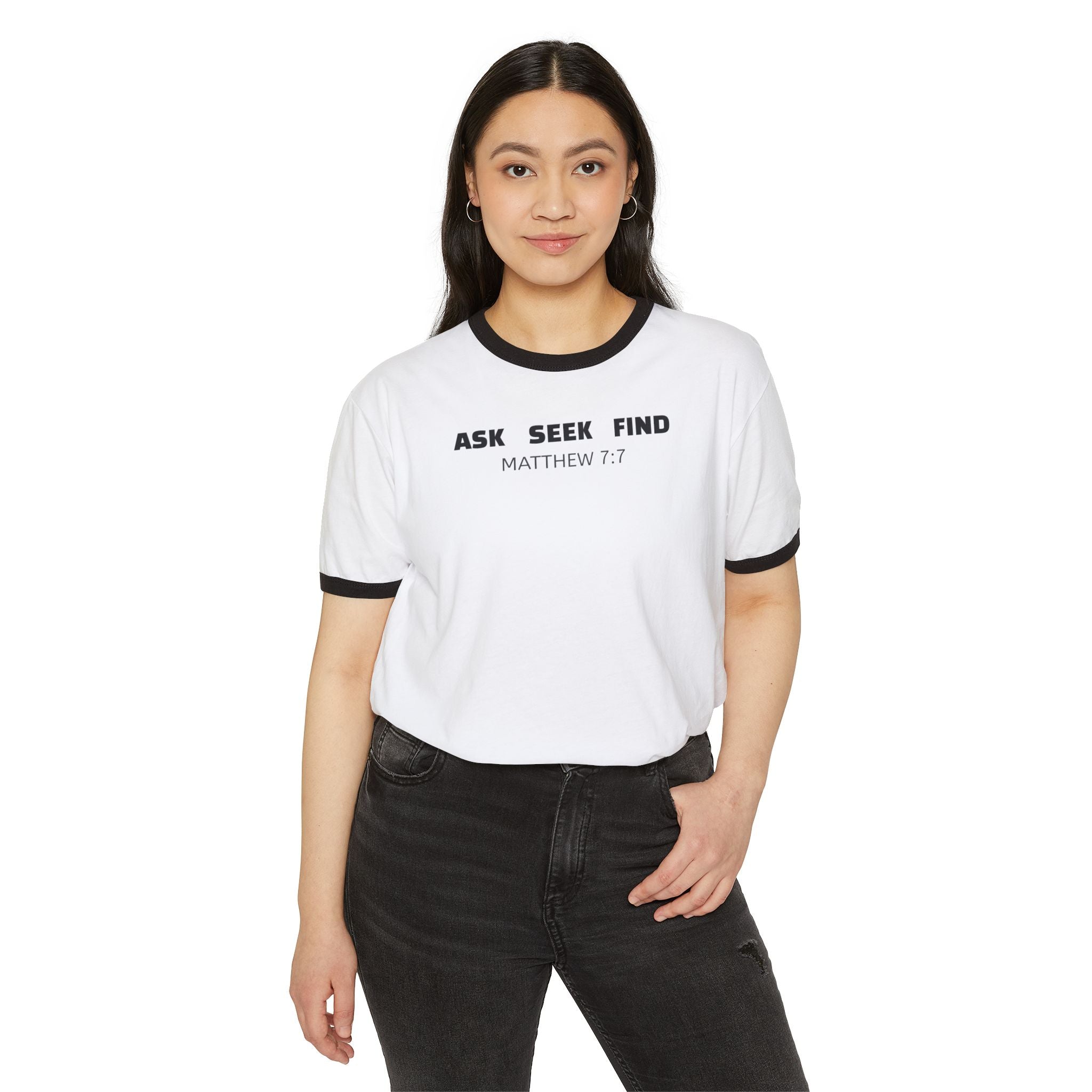 Ask Seek Find Ringer Tee — Matthew 7:7 Christian T‑Shirt