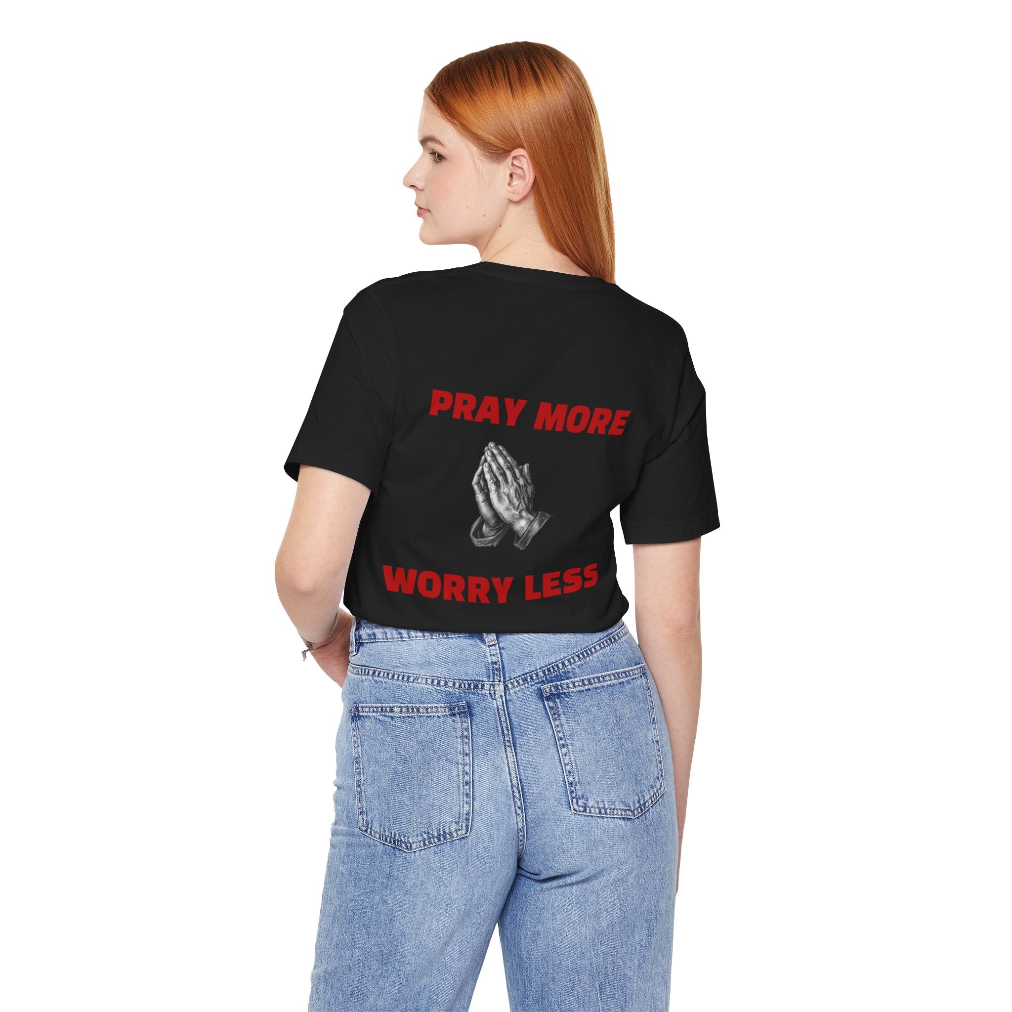 Pray More Worry Less RED TEXT tee | Prayer Hands Graphic Tee