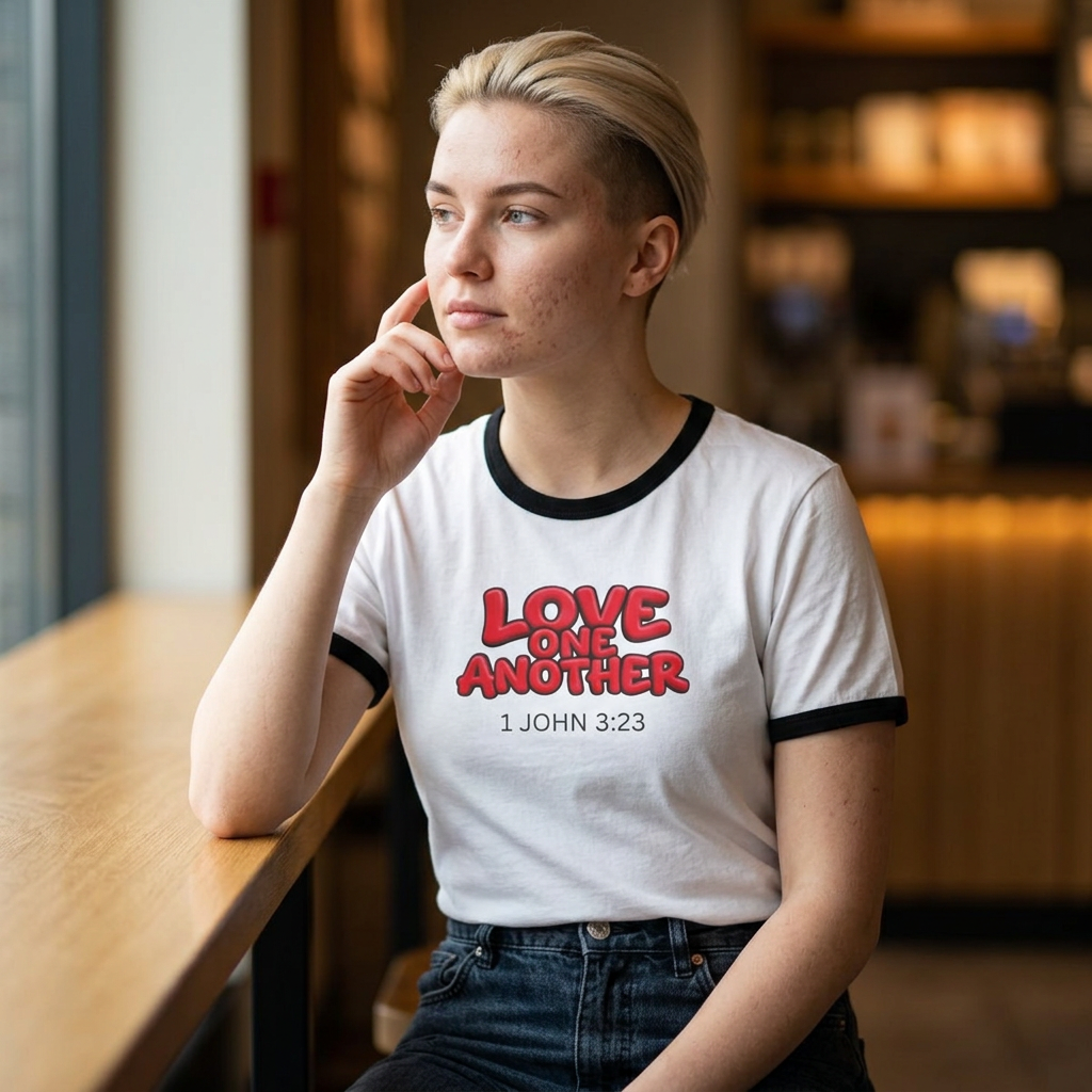 Love One Another Ringer Tee — 1 John 3:23 Christian Faith T-Shirt