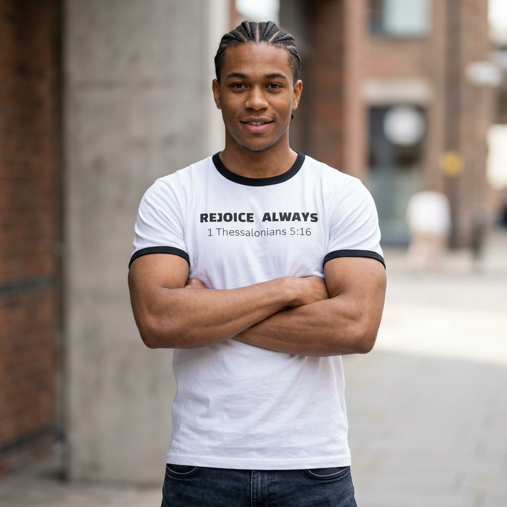 Rejoice Always Ringer Tee — 1 Thessalonians 5:16 Christian T‑Shirt