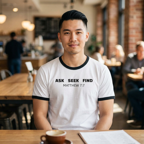 Ask Seek Find Ringer Tee — Matthew 7:7 Christian T‑Shirt