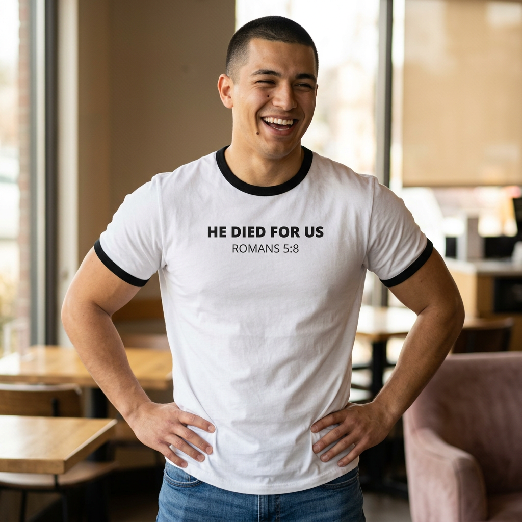 He Died For Us Ringer T-Shirt — Romans 5:8 Christian Tee