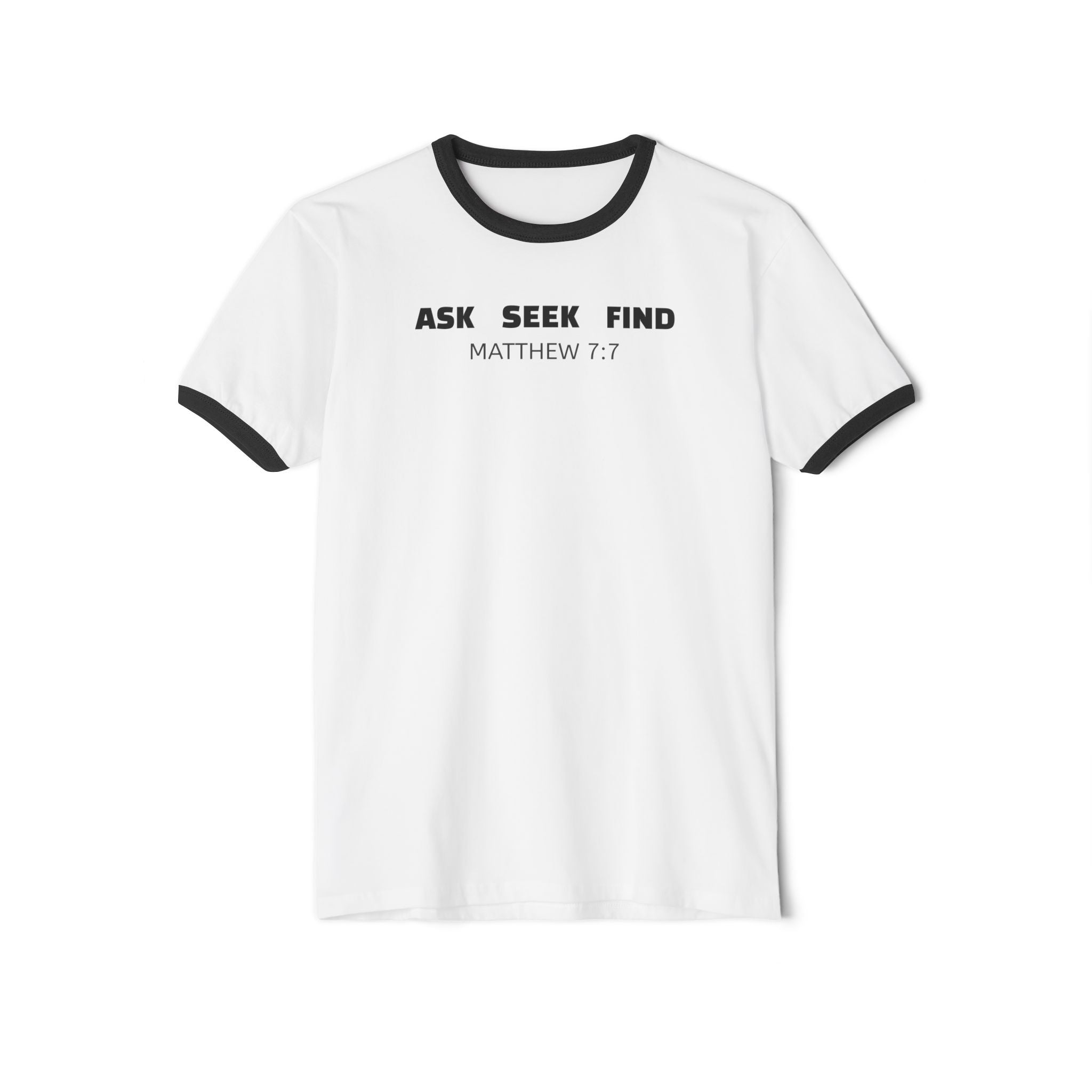 Ask Seek Find Ringer Tee — Matthew 7:7 Christian T‑Shirt