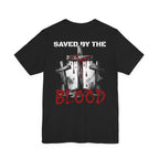 Saved By The Blood - front minimalist text and back cross graphical | T-Shirt