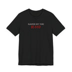 Saved By The Blood - front minimalist text and back cross graphical | T-Shirt