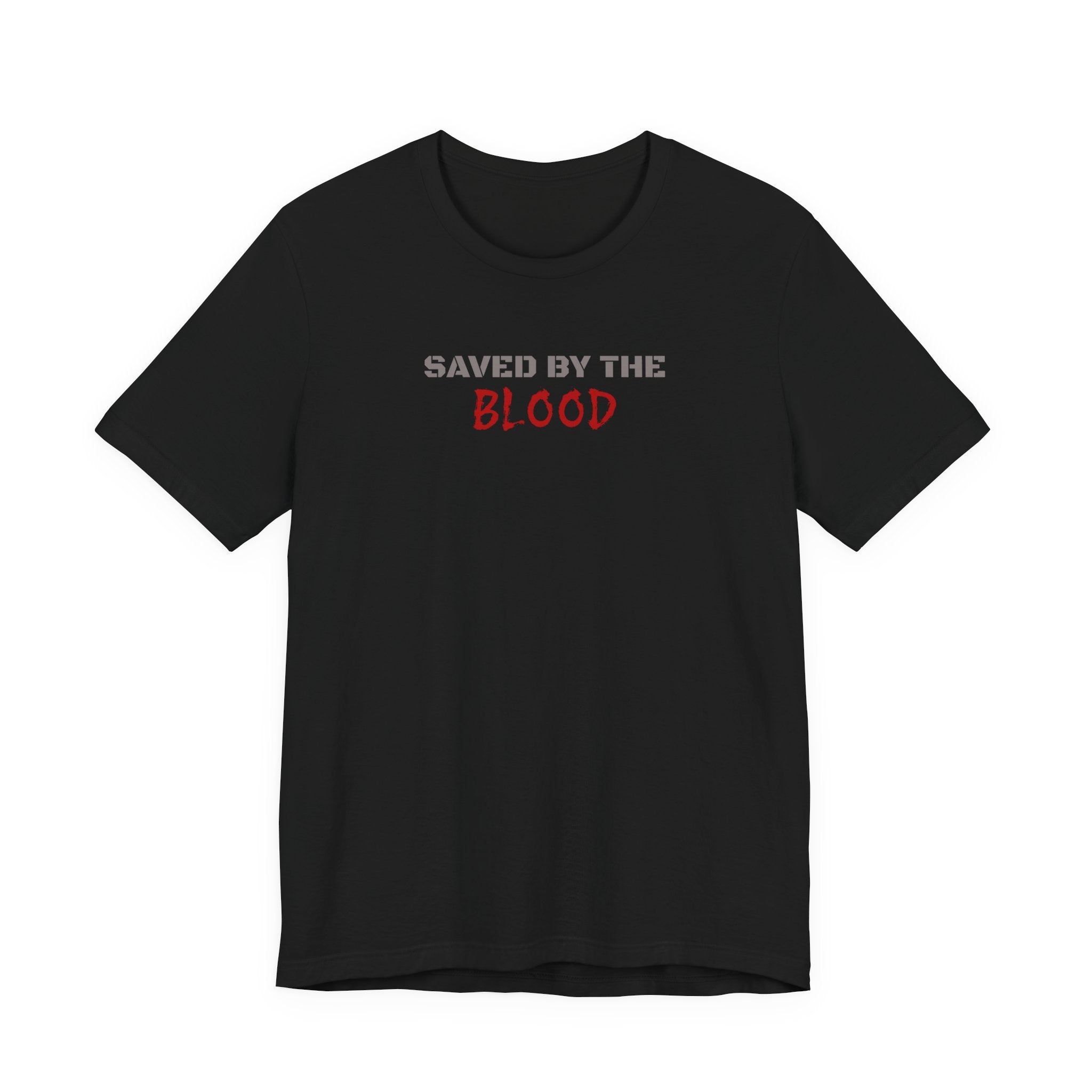 Saved By The Blood - front minimalist text and back cross graphical | T-Shirt