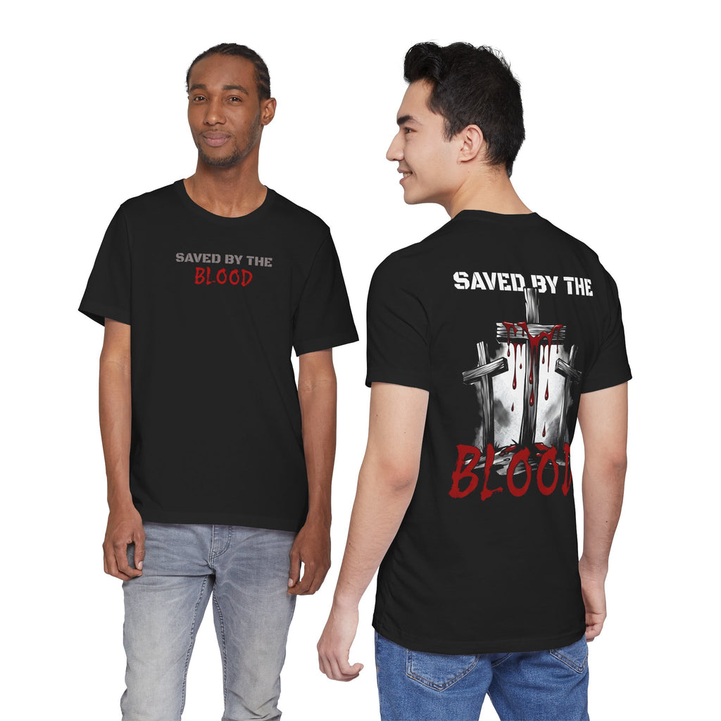 Saved By The Blood - front minimalist text and back cross graphical | T-Shirt
