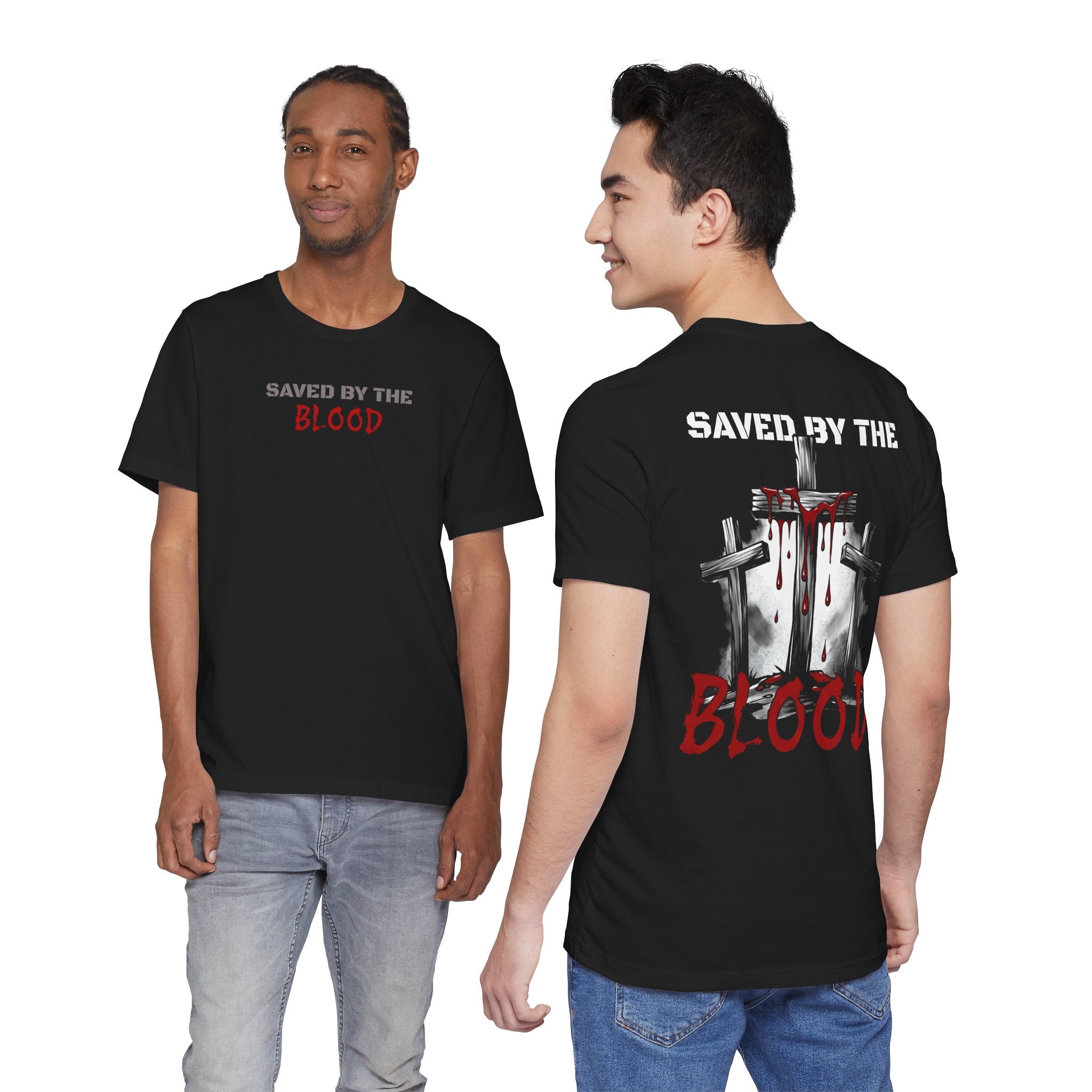 Saved By The Blood - front minimalist text and back cross graphical | T-Shirt